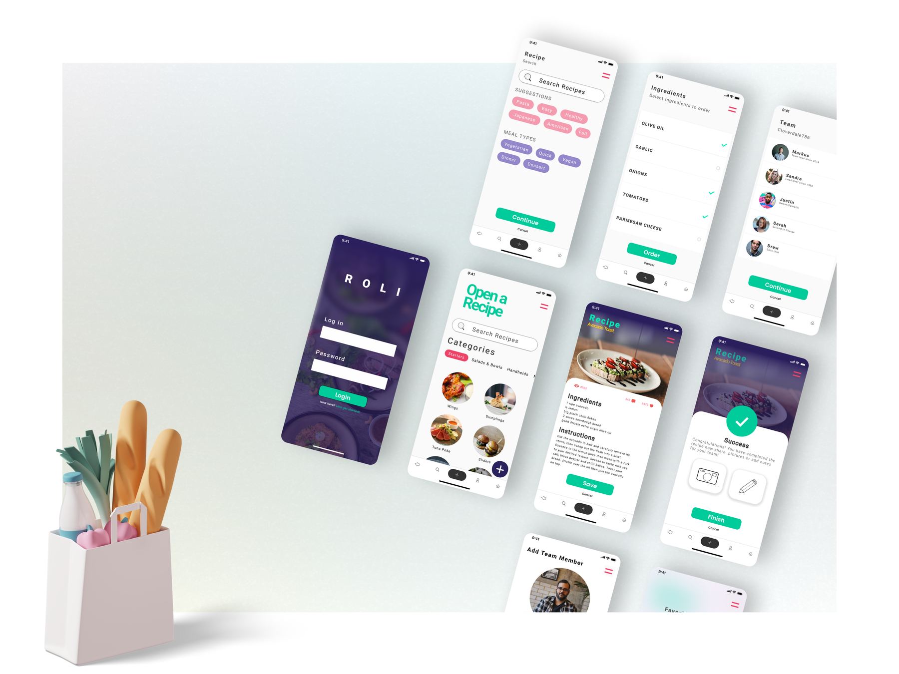 The original Roli app screens on three floating iPhones against a pink backdrop
