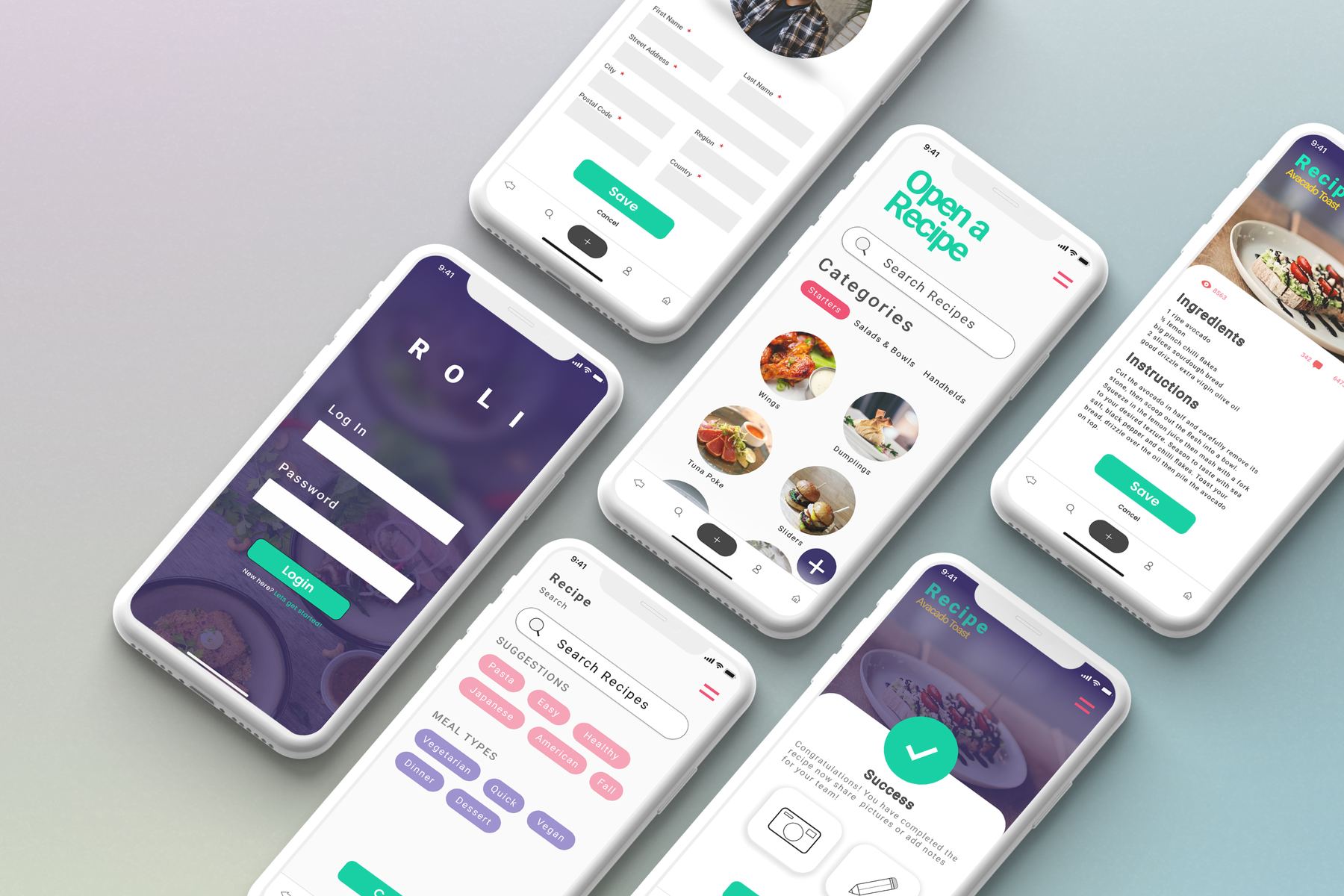 The original Roli app design — six screens on floating iPhones